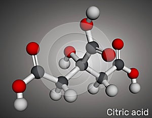 Citric acid molecule. Is used as additive in food, cleaning agents, nutritional supplements. Molecular model. 3D rendering