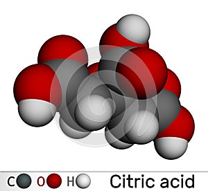 Citric acid molecule. Is used as additive in food, cleaning agents, nutritional supplements. Molecular model. 3D rendering