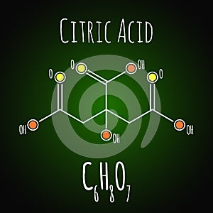 Citric acid structural skeletal chemical formula on dark background