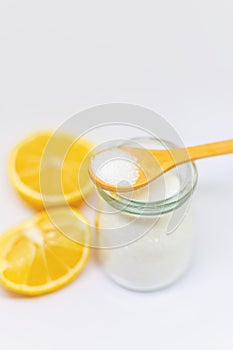 Citric acid on a white isolated background. Selective focus