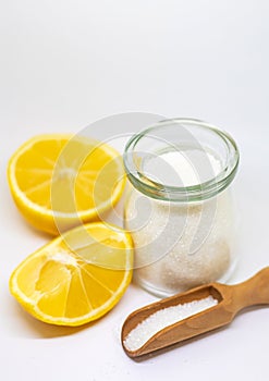 Citric acid on a white isolated background. Selective focus