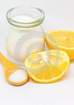 Citric acid on a white isolated background. Selective focus.