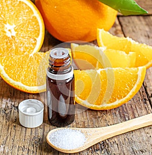 Citric acid on a wooden background. Selective focus