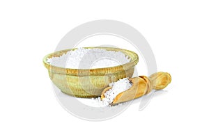 Citric acid in a wooden cup with a spoon for spices isolated on a white background. Collection of spices and herbs