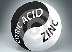 Citric acid and zinc in balance - pictured as words Citric acid, zinc and yin yang symbol, to show harmony between Citric acid and