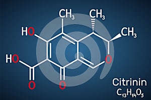 Citrinin molecule. It is antibiotic and mycotoxin from Penicillium citrinum. Structural chemical formula on the dark blue