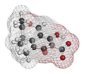 Citrinin mycotoxin molecule. 3D rendering. Atoms are represented as spheres with conventional color coding: hydrogen (white),