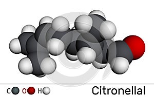 Citronellal, rhodinal molecule. It is monoterpenoid aldehyde, main component that give citronella oil its distinctive lemon scent