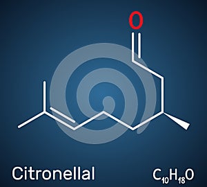 Citronellal, rhodinal molecule. It is monoterpenoid aldehyde. Structural chemical formula on the dark blue background