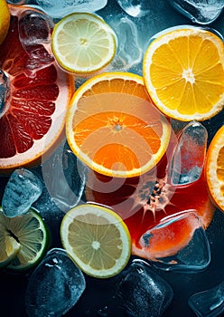 Citrous fruit slice on ice cubes. Background, banner image. Generative Ai photo