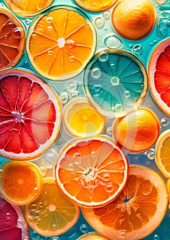 Citrous fruit slice on ice cubes. Background, banner image. Generative Ai photo