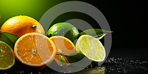Citrus assortment. Bruit background of citrus fruits oranges, limes and lemons on black background. Copy space photo