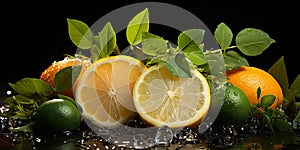 Citrus assortment. Bruit background of citrus fruits oranges, limes and lemons on black background. Copy space photo