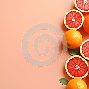 Citrus background with grapefruits and leaves on a pink background