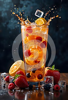 Citrus Berry Iced Drink With Dynamic Splash And Fresh Fruit Composition