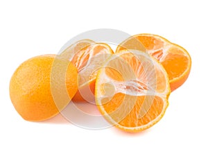  citrus collection. Whole tangerines or mandarin orange fruits and peeled segments  on white background