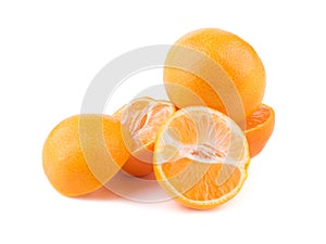  citrus collection. Whole tangerines or mandarin orange fruits and peeled segments  on white background