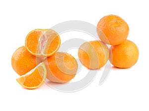  citrus collection. Whole tangerines or mandarin orange fruits and peeled segments  on white background