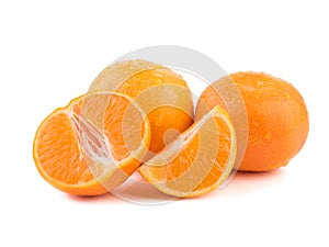  citrus collection. Whole tangerines or mandarin orange fruits and peeled segments  on white background