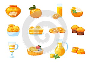Citrus dessert with jam, pancake, cupcake, juice vector citrous illustration isolated on white. Set with fresh drinks photo