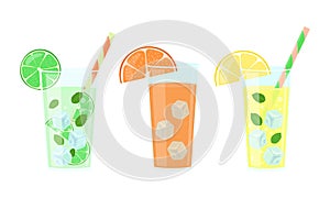 Citrus drinks set. Lemonade, orange juice and mojito in glasses isolated. Vector illustration