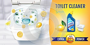 Citrus fragrance toilet cleaner gel ads. Vector realistic Illustration with top view of toilet bowl and disinfectant container.