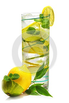 Citrus fruit. Fresh lemon and lime slice with mint leaves in cold water with bubbles. Clean eating, weight loss, healthy lifestyle