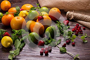 Citrus fruit, fresh mint and berries.