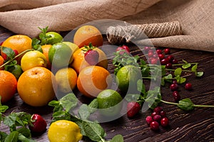 Citrus fruit, fresh mint and berries.