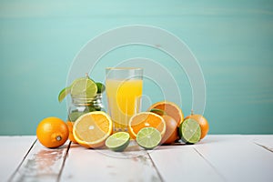 citrus fruit halves around a full glass of juice