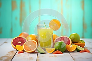 citrus fruit halves around a full glass of juice