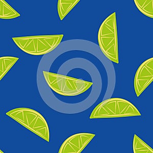 Citrus fruit halves vector seamless pattern background. Lime slices on cobalt blue backdrop. Hand drawn geometric