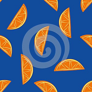 Citrus fruit halves vector seamless pattern background. Orange slices on cobal blue backdrop. Hand drawn geometric