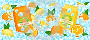 Citrus fruit juice packaging vector illustration, cartoon flat lemonade and orange juice packages lie on ice cubes