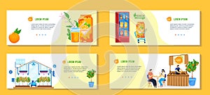 Citrus fruit juice production vector illustration set, cartoon flat banners with modern orange garden, juicy drink