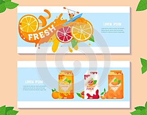 Citrus fruit juice vector illustration set, cartoon flat summer advertising banners with orange splashes, slices, juice