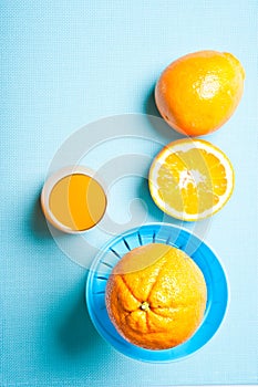 Citrus fruit oranges with glass of juice and manual juicemaker