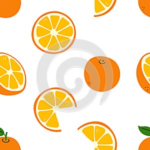 Citrus fruit. Oranges. Orange whole and cut, half and slices. Vitamin C. Vector seamless pattern with elements in warm