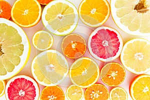 Citrus fruit pattern of lemon, orange, grapefruit, sweetie and pomelo. Fruit background. Flat lay, top view.