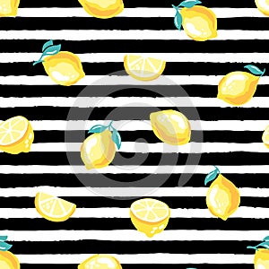 Citrus fruit seamless pattern with lemons on black and white stripes background