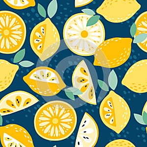 Citrus fruit seamless pattern with lemons and dots on blue background