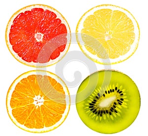 Citrus Fruit Set ( grapefruit, orange,kiwi, lemon) isolated on w