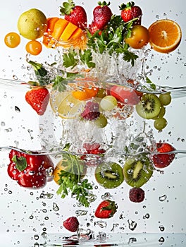 Citrus fruits and berries cause a lively splash in clear water, symbolizing refreshing natural flavors and cleanliness.
