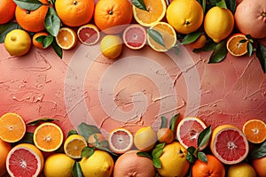 Citrus fruits creatively organized around the periphery, exposing a textured pink area in the middle, space for text. photo