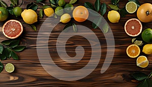 citrus fruits, half grapefruits, lemons, oranges, limes with green leaves lie on a brown wooden table