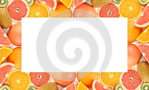 citrus fruits isolated on white background. Collage. Colorful frame with free space for text