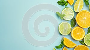 citrus fruits and mint leaves arranged on a pastel blue background with a copy space