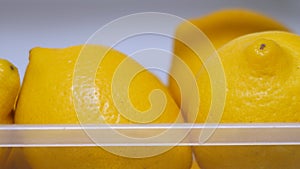 Citrus fruits in refrigerator. Fresh yellow lemons in icebox. Vitamin C. Copy space. Lemons keep freshness in the fridge