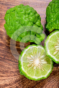Citrus hystrix, kaffir lime or makrut lime, citrus fruit native to tropical Southeast Asia. Fruit and leaves used in Southeast