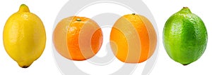 Citrus lemon, tangerine, orange and lime, set isolated on white background, clipping path.